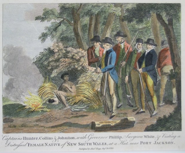 Phillip and Party visiting a smallpox victim and child; by John Hunter, (State Library of NSW)